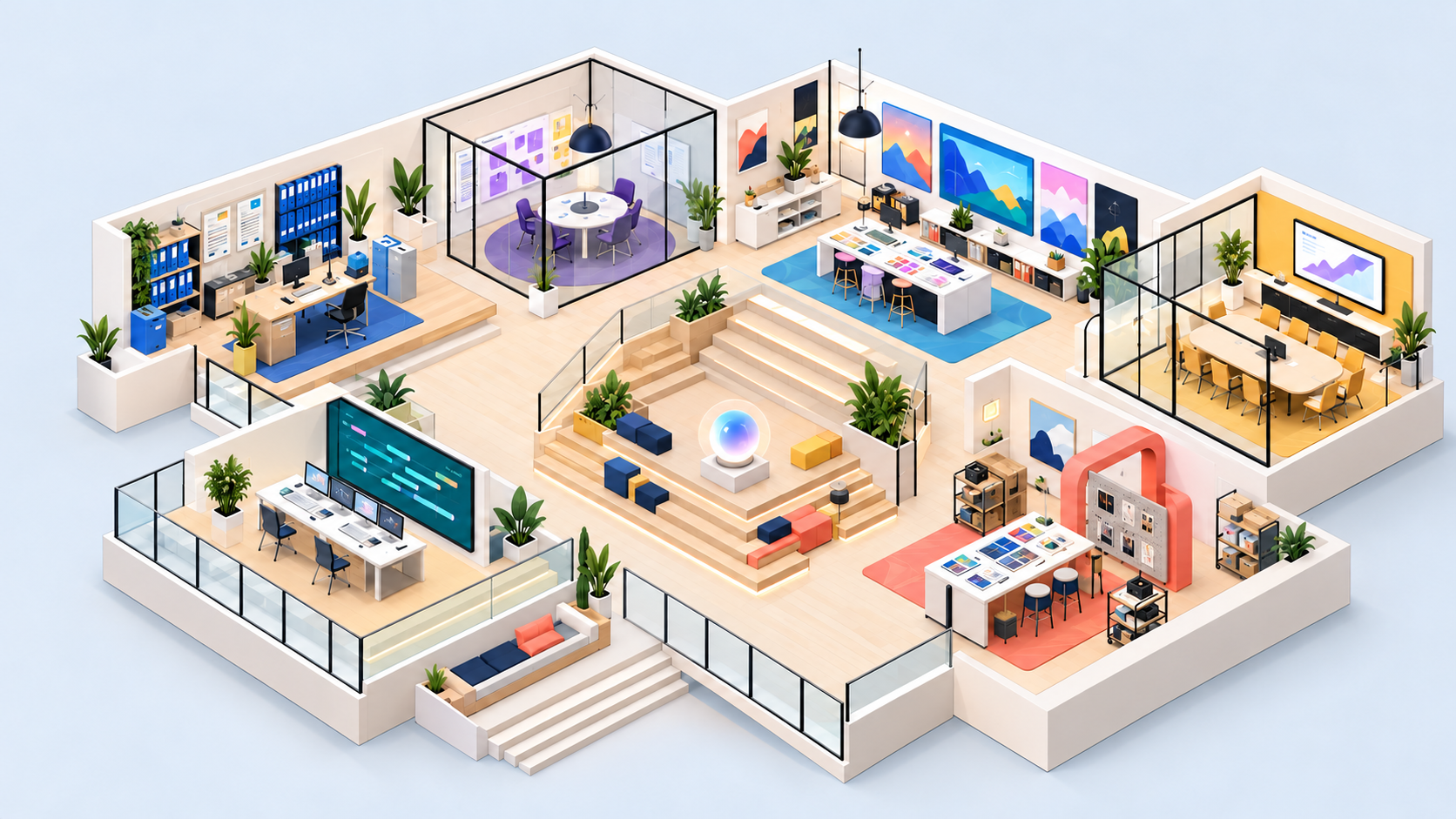 Daylit creative loft with six office rooms around a central collaborative staircase