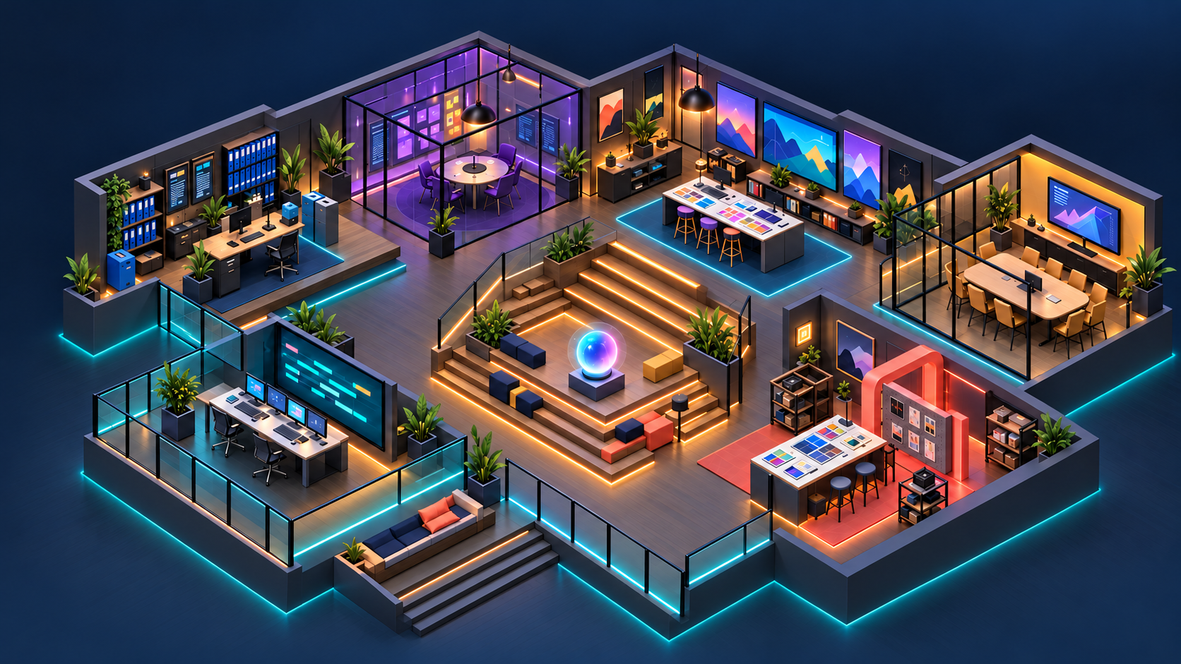 The same creative loft with dark finishes and illuminated rooms